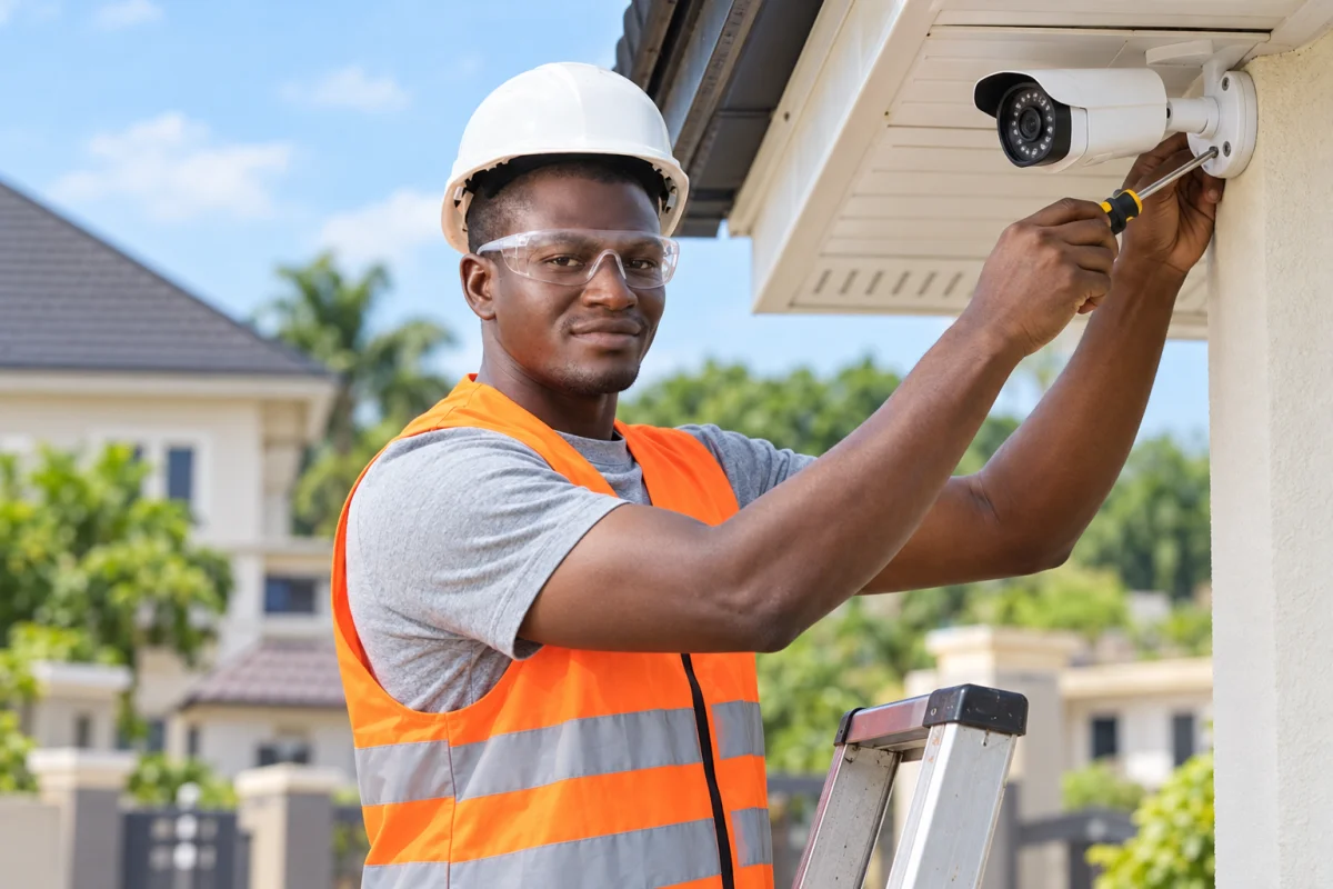 The AL-IRFAI brand representative fitting an outdoor CCTV camera