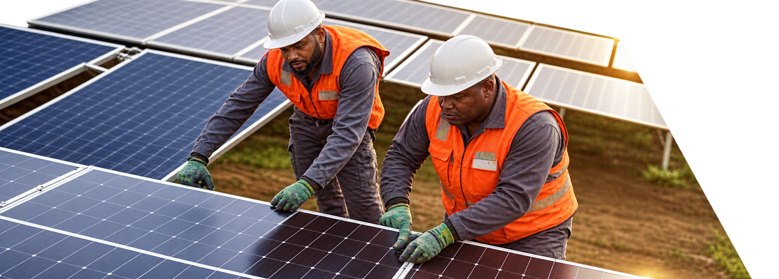 Two solar technicians in safety equipment positioning a panel